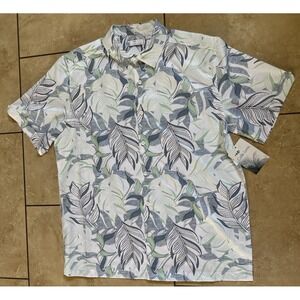 Cafe Luna Shirt Men Large L White Tropical Leaf Button Front‎ Short Sleeve NEW